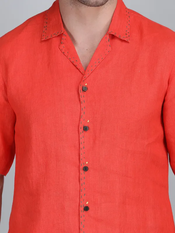 Orange_Pure_Linen_Hand_Embroidered_Half_Sleeve_Shirt_For_Men