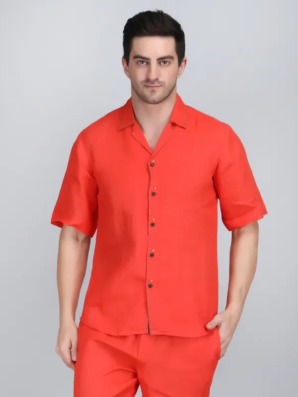 Orange_Pure_Linen_Hand_Embroidered_Half_Sleeve_Shirt_For_Men