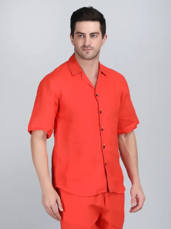 Orange_Pure_Linen_Hand_Embroidered_Half_Sleeve_Shirt_For_Men