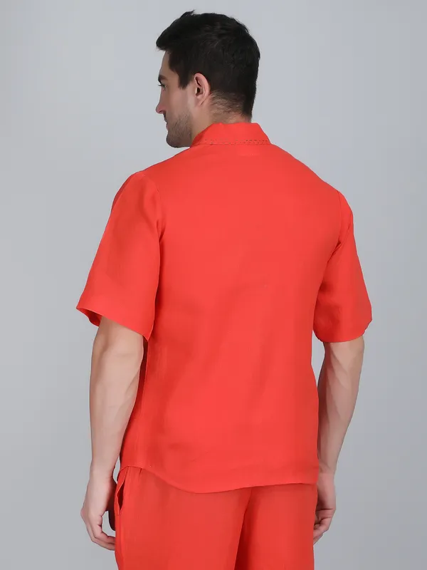 Orange_Pure_Linen_Hand_Embroidered_Half_Sleeve_Shirt_For_Men