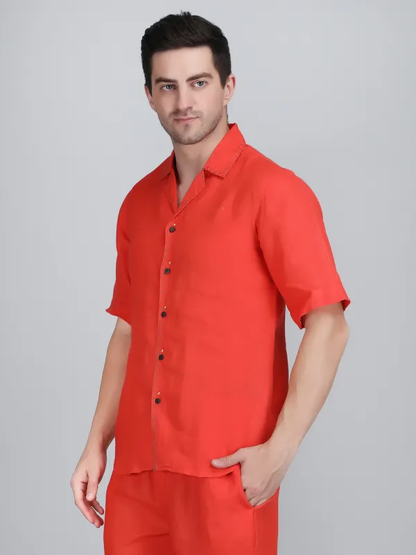 Orange_Pure_Linen_Hand_Embroidered_Half_Sleeve_Shirt_For_Men