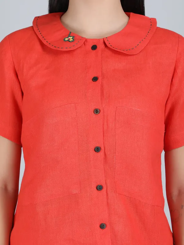 Orange_Pure_Linen_Hand_Embroidered_Collar_Shirt_For_Women