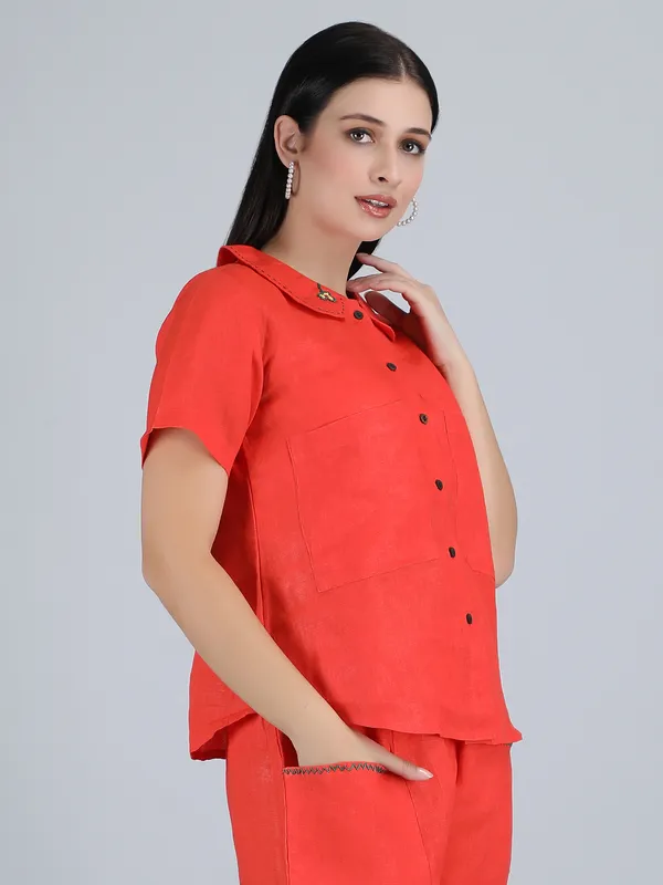 Orange_Pure_Linen_Hand_Embroidered_Collar_Shirt_For_Women
