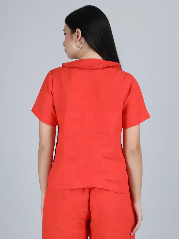 Orange_Pure_Linen_Hand_Embroidered_Collar_Shirt_For_Women