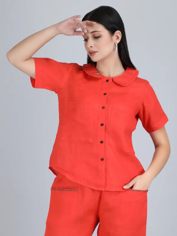 Orange_Pure_Linen_Hand_Embroidered_Collar_Shirt_For_Women