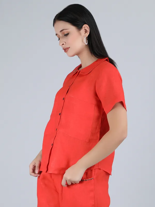 Orange_Pure_Linen_Hand_Embroidered_Collar_Shirt_For_Women