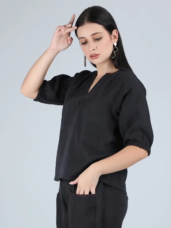 Black_Pure_Linen_Hand_Embroidered_Top_For_Women