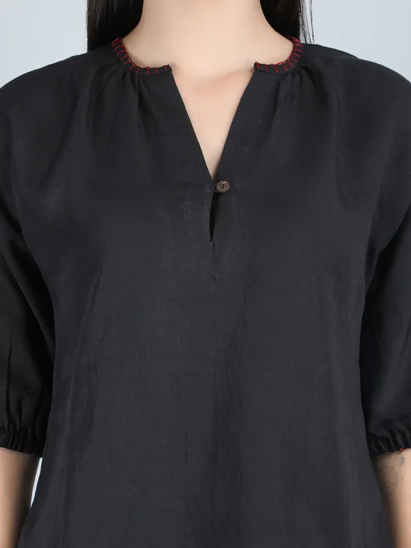 Black_Pure_Linen_Hand_Embroidered_Top_For_Women