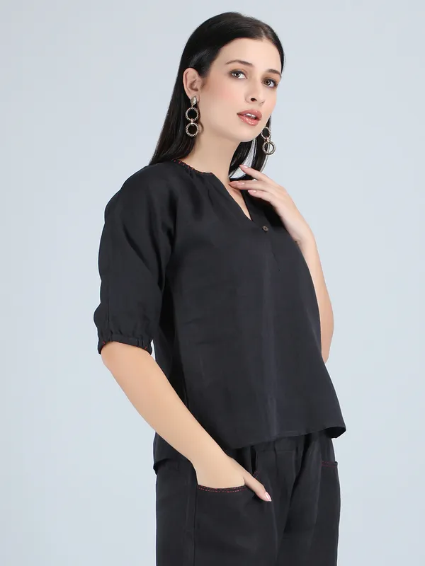 Black_Pure_Linen_Hand_Embroidered_Top_For_Women