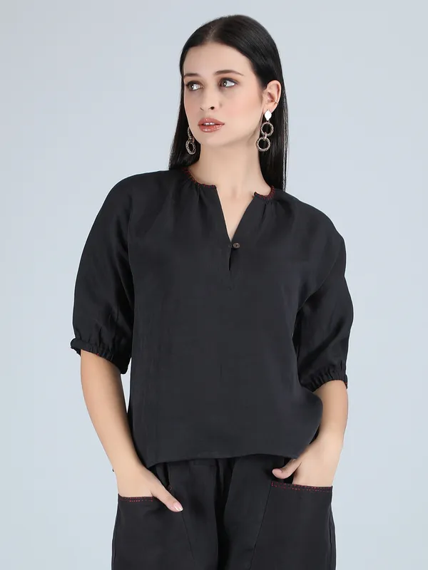 Black_Pure_Linen_Hand_Embroidered_Top_For_Women
