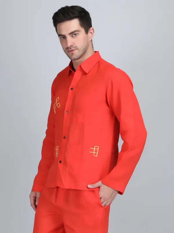 Orange_Pure_Linen_Hand_Embroidered_Full_Sleeve_Shirt_For_Men