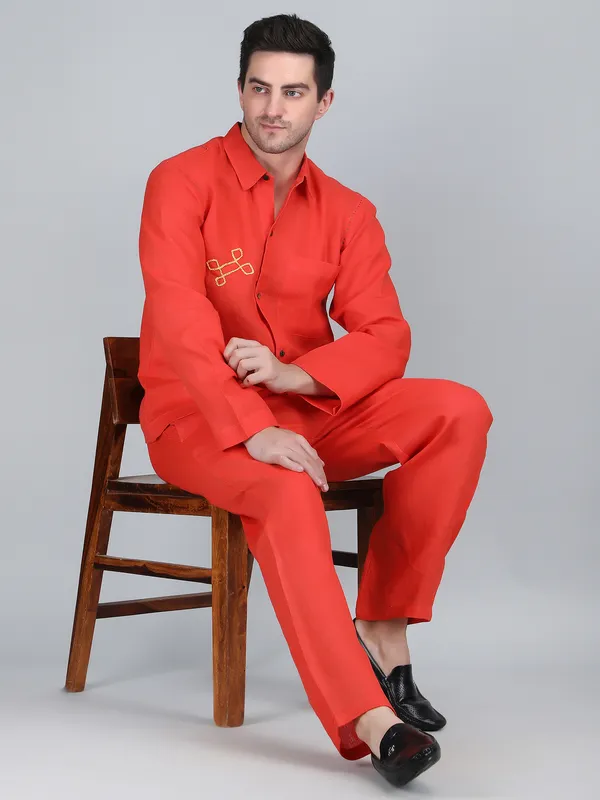 Orange_Pure_Linen_Hand_Embroidered_Full_Sleeve_Shirt_For_Men