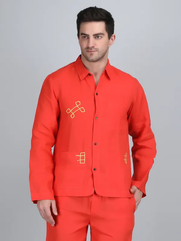 Orange_Pure_Linen_Hand_Embroidered_Full_Sleeve_Shirt_For_Men