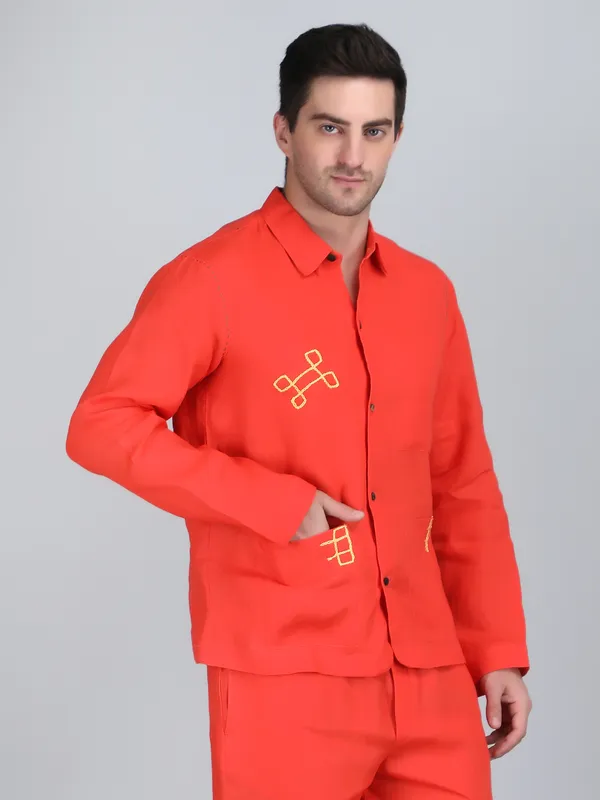 Orange_Pure_Linen_Hand_Embroidered_Full_Sleeve_Shirt_For_Men