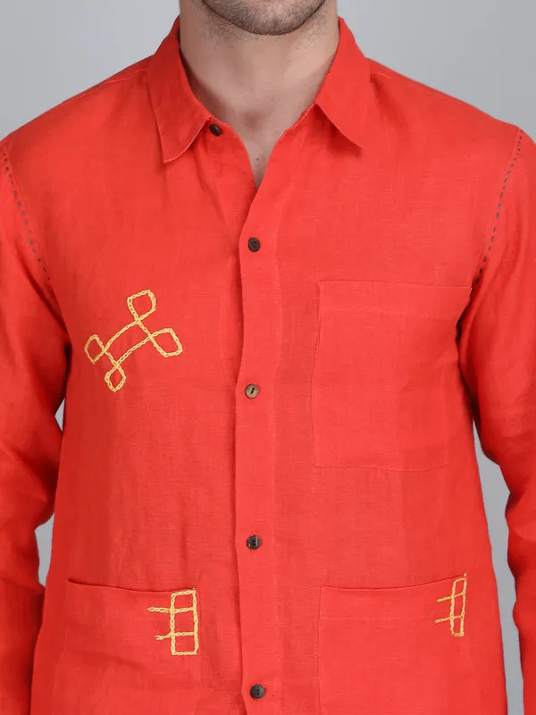 Orange_Pure_Linen_Hand_Embroidered_Full_Sleeve_Shirt_For_Men