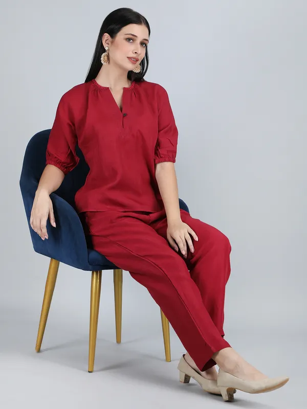 Maroon_Pure_Linen_Hand_Embroidered_Co-Ord_For_Women