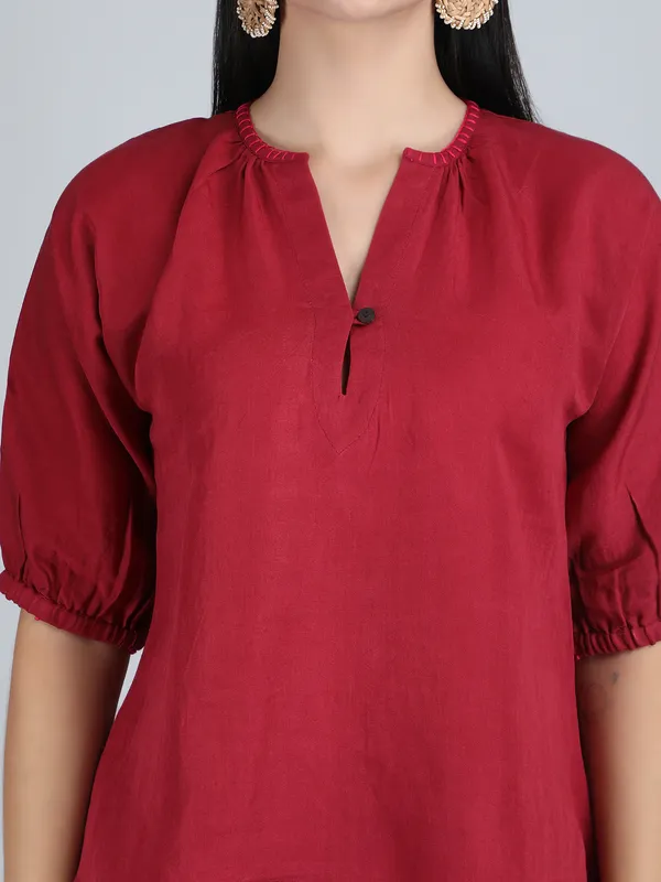 Maroon_Pure_Linen_Hand_Embroidered_Co-Ord_For_Women