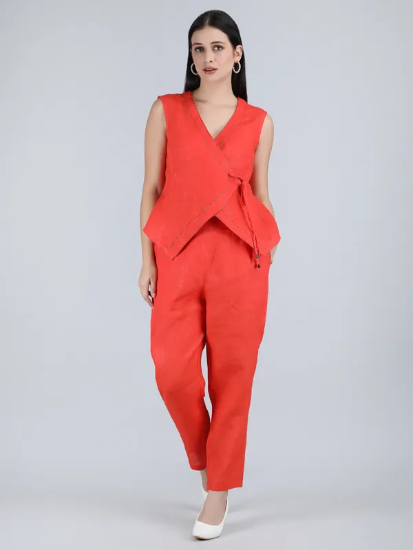 Orange_Pure_Linen_Hand_Embroidered_Co-Ord_For_Women