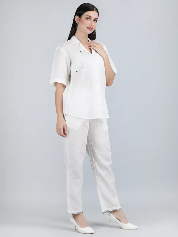 White_Pure_Linen_Hand_Embroidered_Regular_Fit_Co-Ord_For_Women