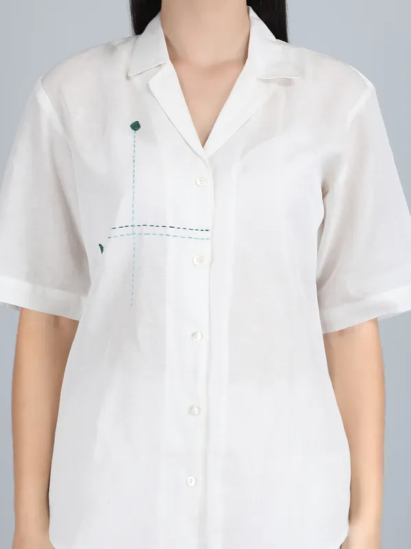 White_Pure_Linen_Hand_Embroidered_Regular_Fit_Co-Ord_For_Women