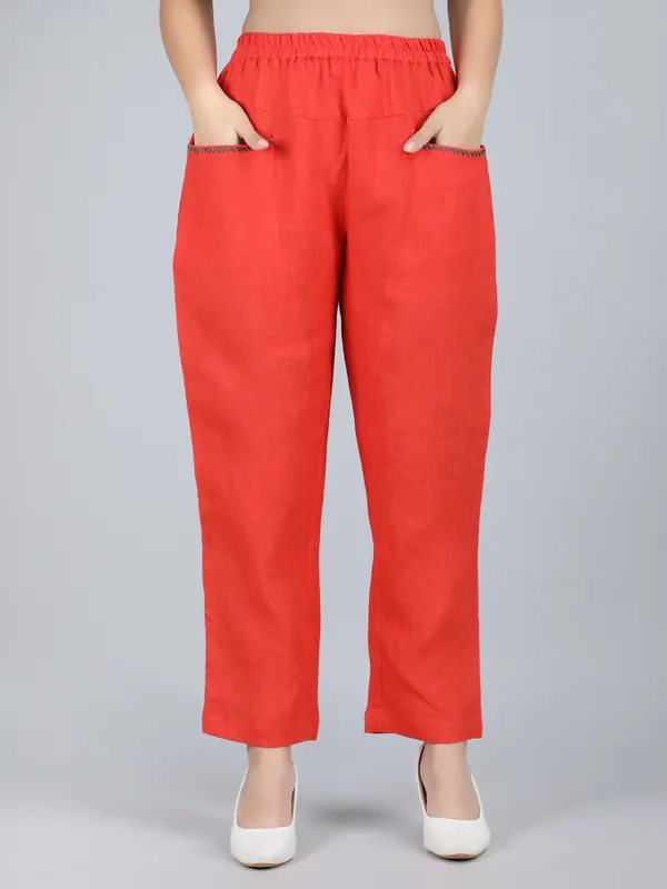 Orange_Pure_Linen_Hand_Embroidered_Pants_For_Women