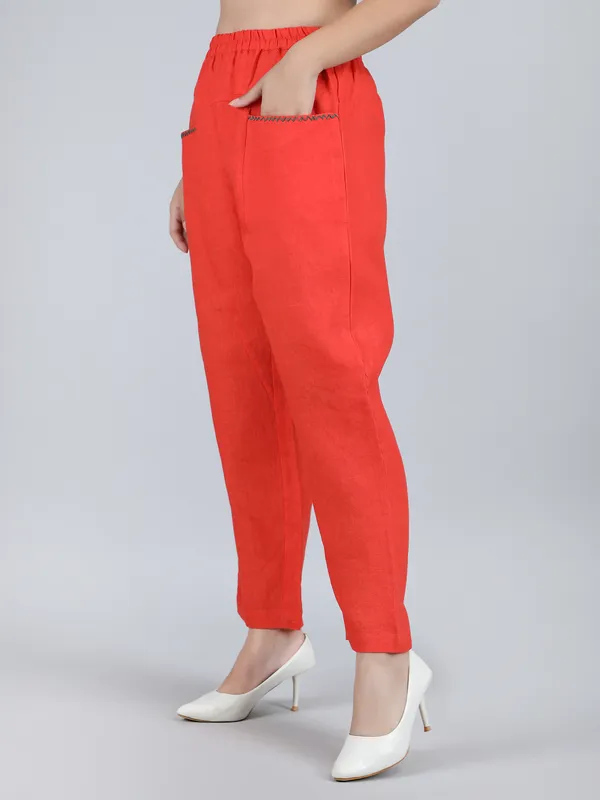 Orange_Pure_Linen_Hand_Embroidered_Pants_For_Women