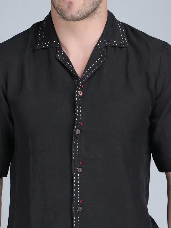 Black_Pure_Linen_Hand_Embroidered_Half_Sleeve_Shirt_For_Men
