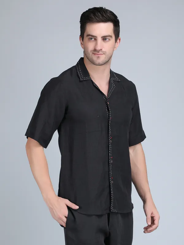 Black_Pure_Linen_Hand_Embroidered_Half_Sleeve_Shirt_For_Men