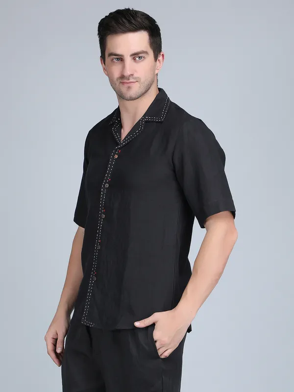 Black_Pure_Linen_Hand_Embroidered_Half_Sleeve_Shirt_For_Men