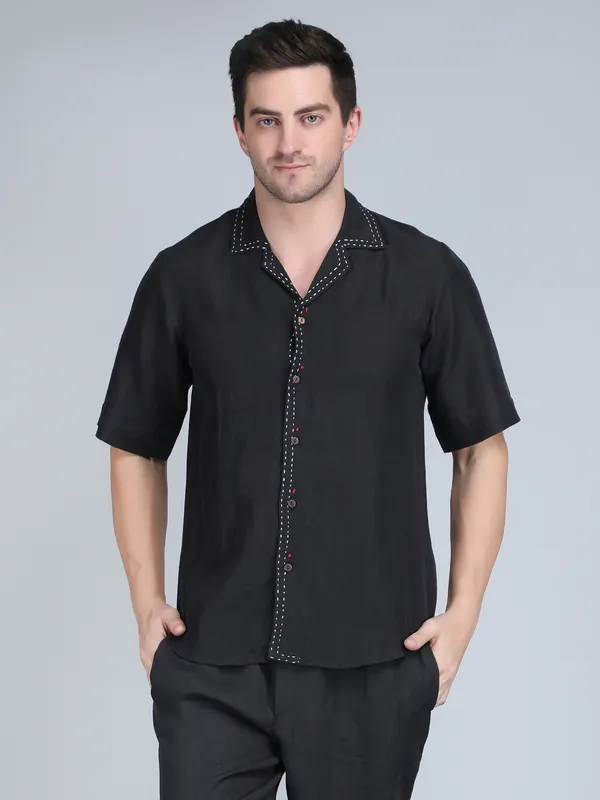 Black_Pure_Linen_Hand_Embroidered_Half_Sleeve_Shirt_For_Men