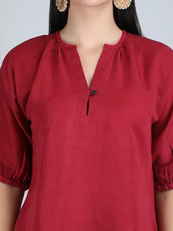 Maroon_Pure_Linen_Hand_Embroidered_Top_For_Women