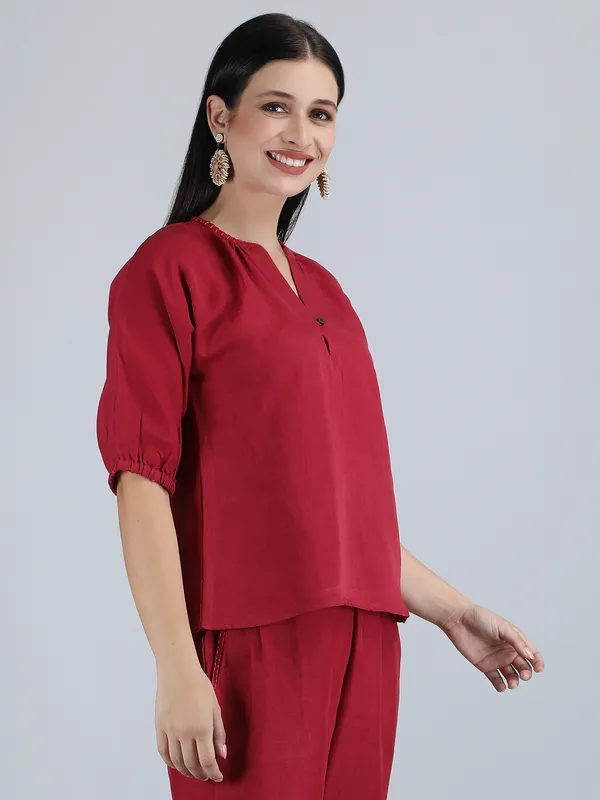 Maroon_Pure_Linen_Hand_Embroidered_Top_For_Women