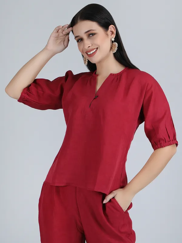 Maroon_Pure_Linen_Hand_Embroidered_Top_For_Women