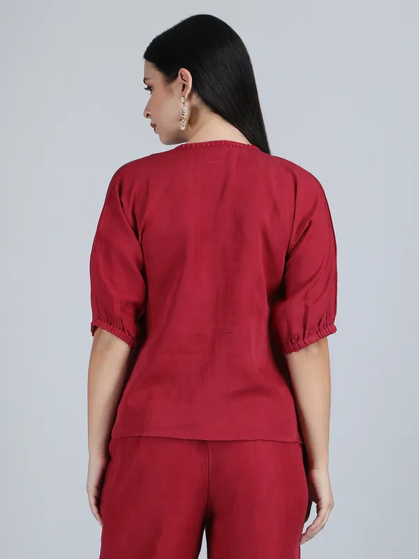 Maroon_Pure_Linen_Hand_Embroidered_Top_For_Women