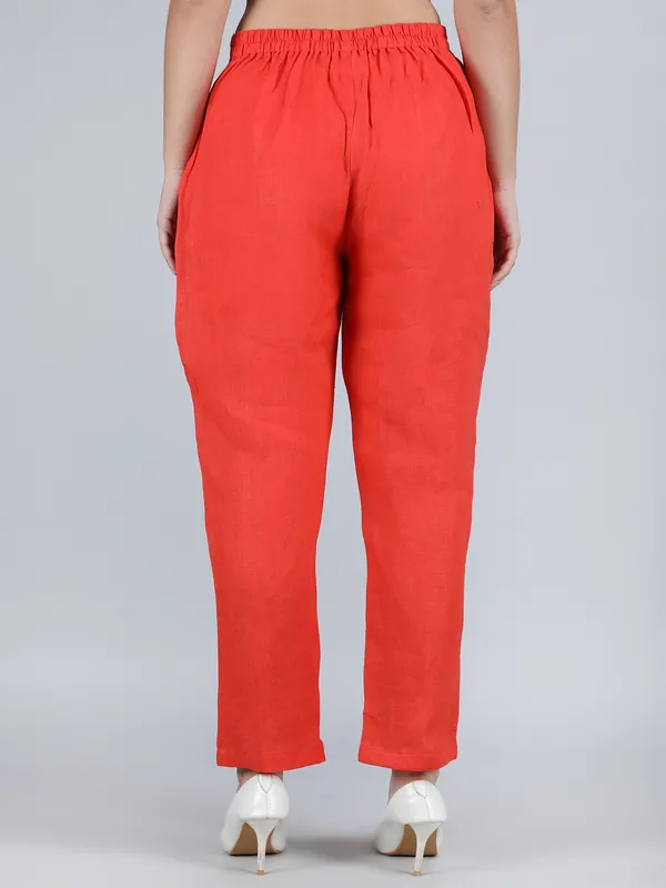 Orange_Pure_Linen_Hand_Embroidered_Pants_For_Women
