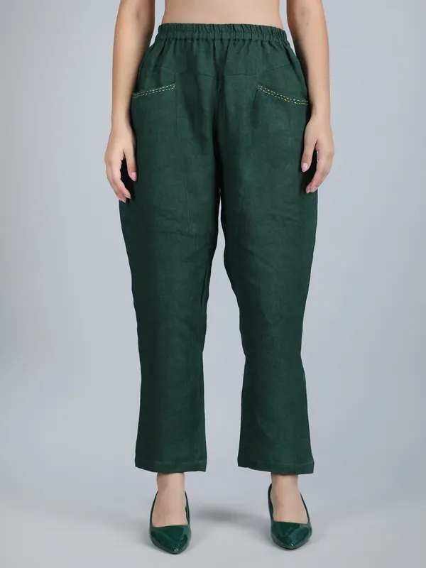 Green_Pure_Linen_Hand_Embroidered_Pants_For_Women