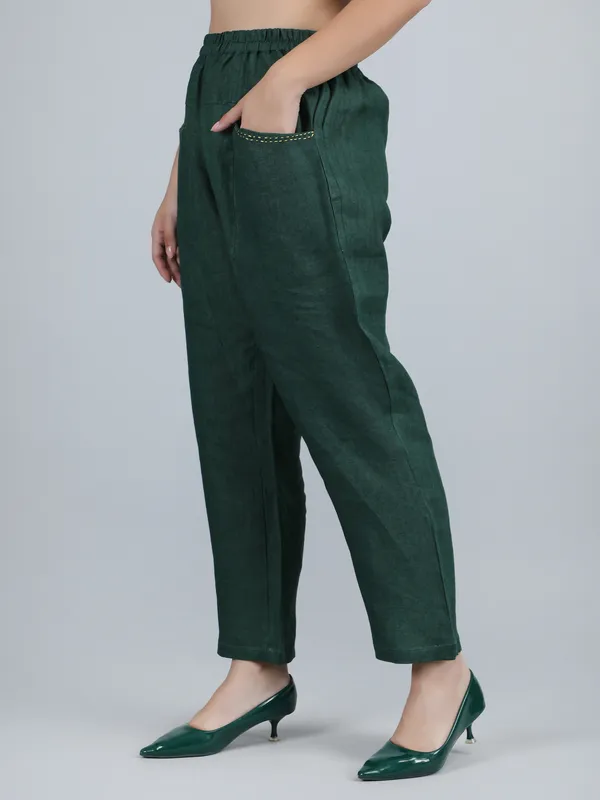 Green_Pure_Linen_Hand_Embroidered_Pants_For_Women