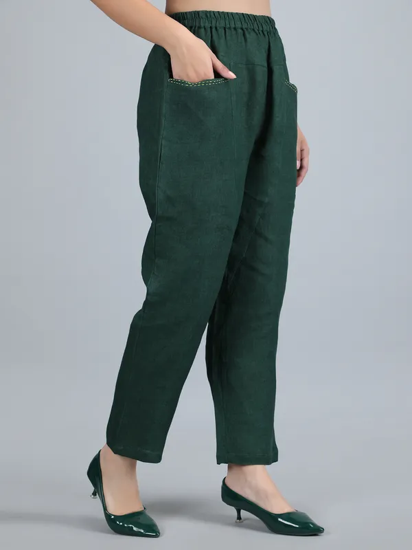 Green_Pure_Linen_Hand_Embroidered_Pants_For_Women