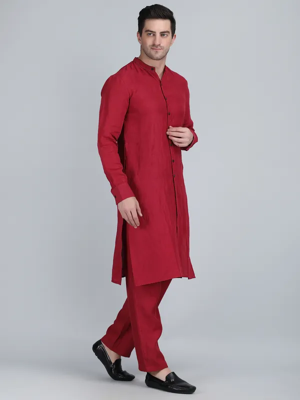 Maroon_Pure_Linen_Hand_Embroidered_Kurta_With_Pants_For_Men