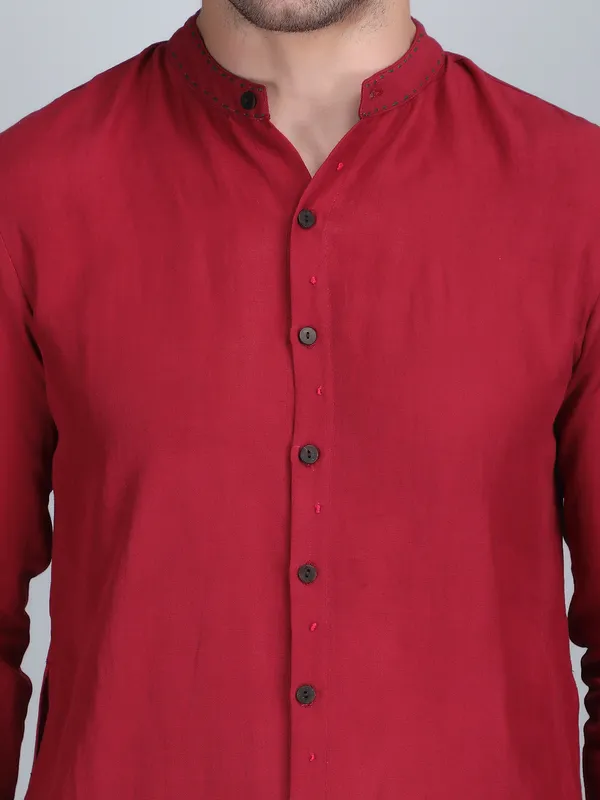 Maroon_Pure_Linen_Hand_Embroidered_Kurta_With_Pants_For_Men