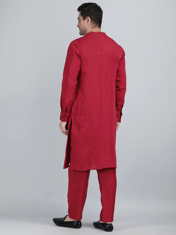 Maroon_Pure_Linen_Hand_Embroidered_Kurta_With_Pants_For_Men