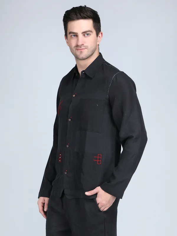 Black_Pure_Linen_Hand_Embroidered_Full_Sleeve_Shirt_For_Men