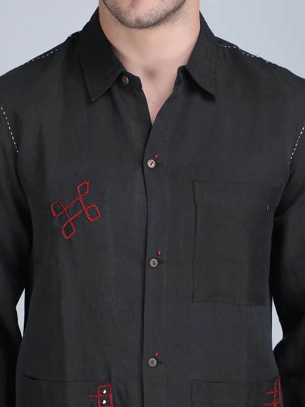 Black_Pure_Linen_Hand_Embroidered_Full_Sleeve_Shirt_For_Men