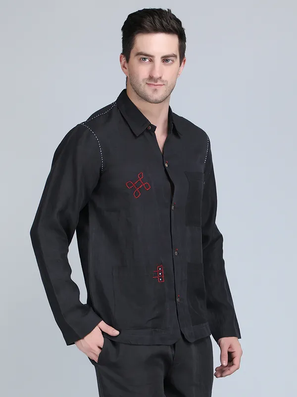 Black_Pure_Linen_Hand_Embroidered_Full_Sleeve_Shirt_For_Men