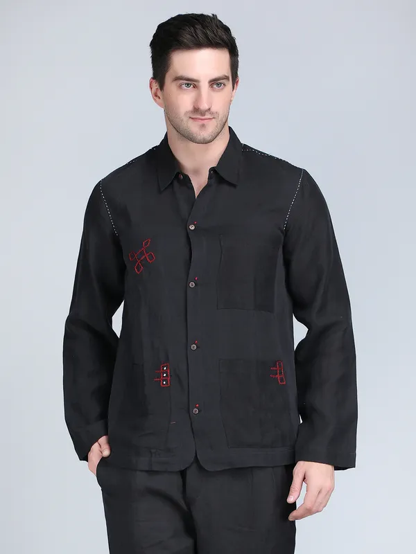 Black_Pure_Linen_Hand_Embroidered_Full_Sleeve_Shirt_For_Men