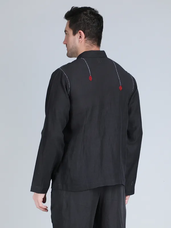 Black_Pure_Linen_Hand_Embroidered_Full_Sleeve_Shirt_For_Men