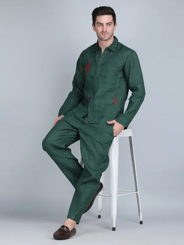 Green_Pure_Linen_Hand_Embroidered_Shirt_With_Pants_Co-Ord_Set_For_Men