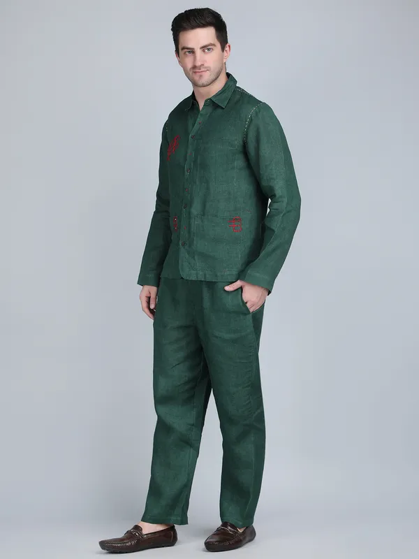 Green_Pure_Linen_Hand_Embroidered_Shirt_With_Pants_Co-Ord_Set_For_Men