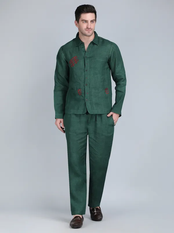 Green_Pure_Linen_Hand_Embroidered_Shirt_With_Pants_Co-Ord_Set_For_Men