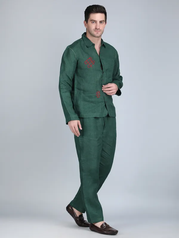 Green_Pure_Linen_Hand_Embroidered_Shirt_With_Pants_Co-Ord_Set_For_Men